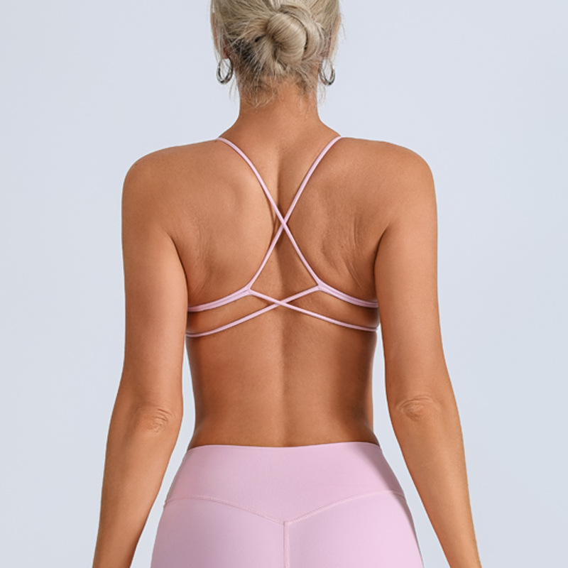 Traje de yoga europeo y americano transfronterizo, espalda hermosa con almohadilla para el pecho, sujetador con tirantes cruzados, pantalones deportivos de secado rápido de melocotón de cintura alta