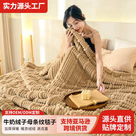 【定制】纯色牛奶绒子母条纹提花毛毯四季通用毯子办公室薄毯子