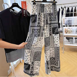 特大码240斤复古印花腰果花休闲裤女夏季宽松阔腿直筒裤显瘦长裤