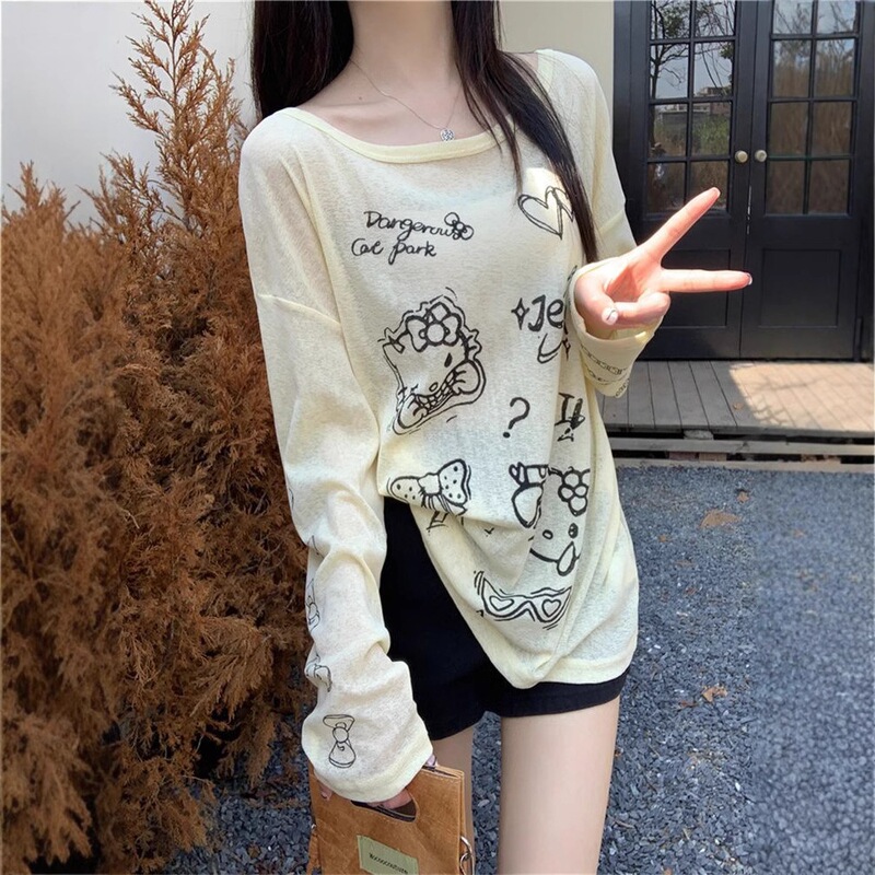 Original Fabric with a Relaxed Feel, Cute Cartoon Print, Long-Sleeved T-Shirt for Women, Summer Lazy Loose Sun Protection Cover-Up Top