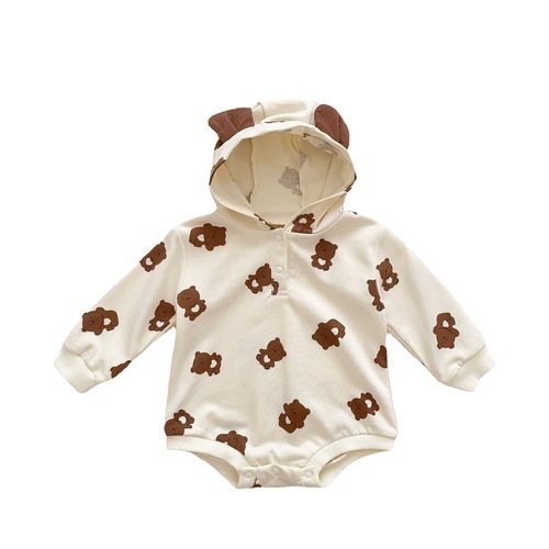Korean version of ins spring and autumn infants and toddlers baby harem men's and women's baby cartoon bear print triangle jumpsuit crawler suit
