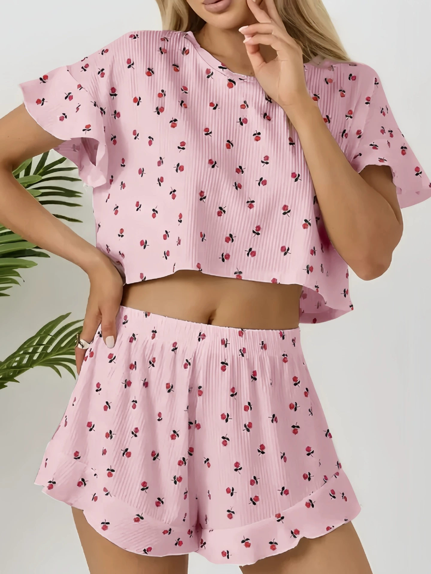 Spring set, shorts, trousers, pijama, European style, (Cross-border trading), floral print, round collar, with short sleeve