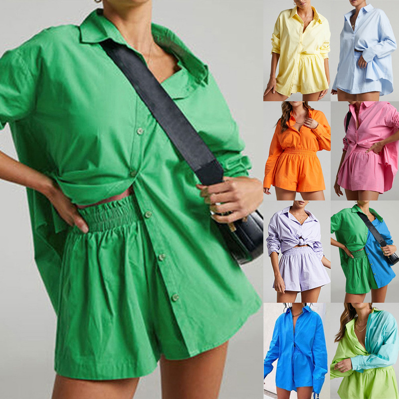 Women's fashion suit casual color matching single-breasted shirt elastic shorts two-piece set_voghion.com