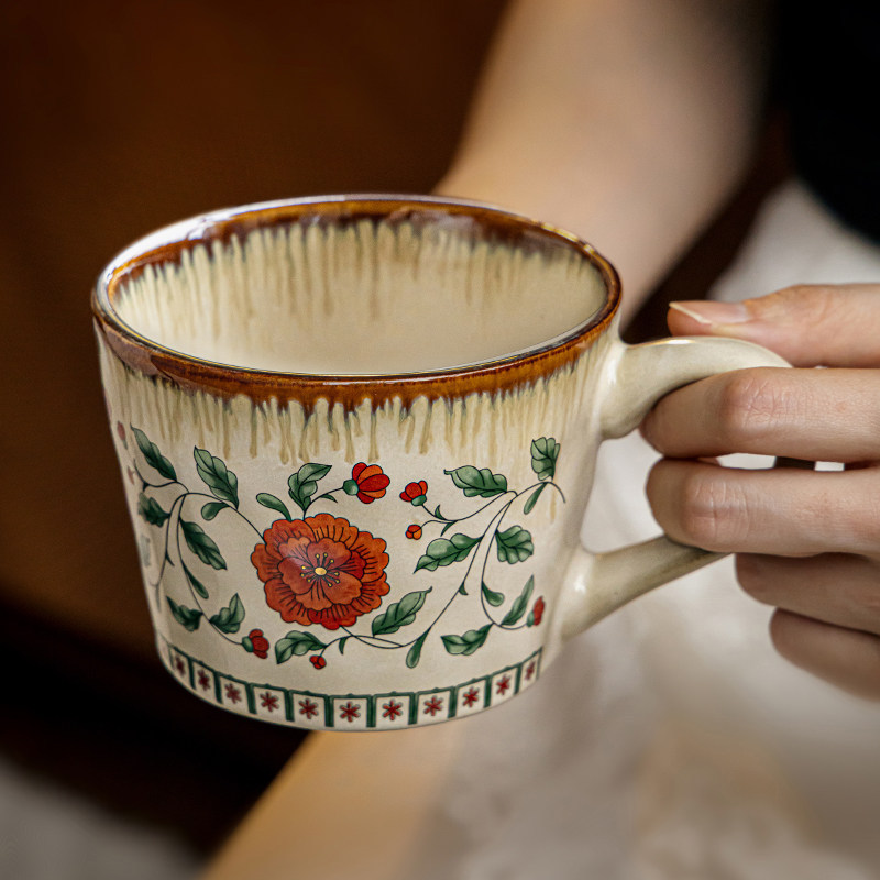 Red Peony High-Value Aesthetic Mug, Retro Coffee Cup, Ceramic Drinking Cup, Household Breakfast Cup, Cross-Border Export