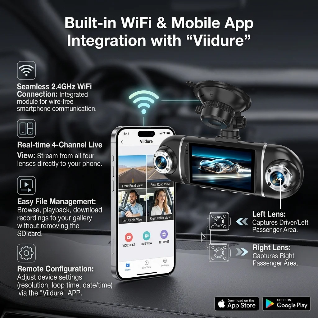 Cross-border dashcam with four recording channels, WiFi mobile phone connectivity, Z86 four-lens car recorder with reverse camera