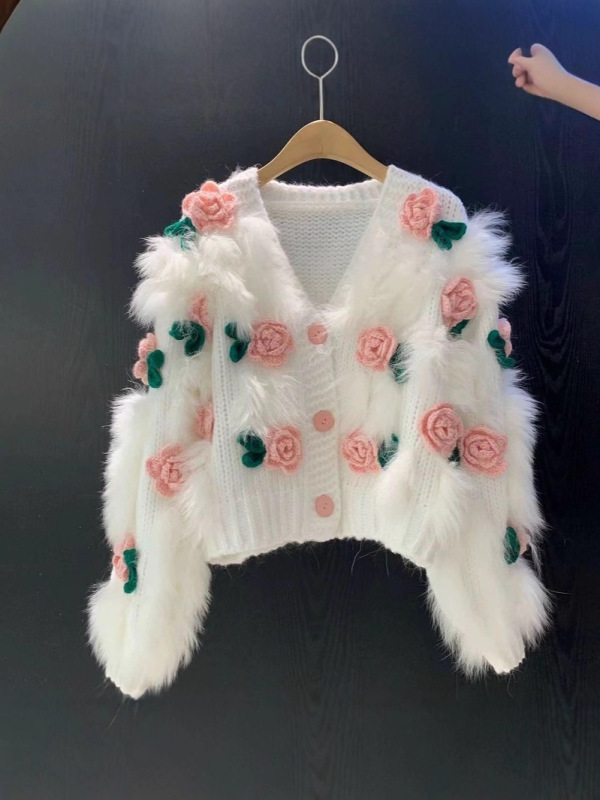2025 秋冬新スタイル多用途で優しく着やすいソフトワックスセーター刺繍立体ローズニットカーディガントップ女性用|undefined