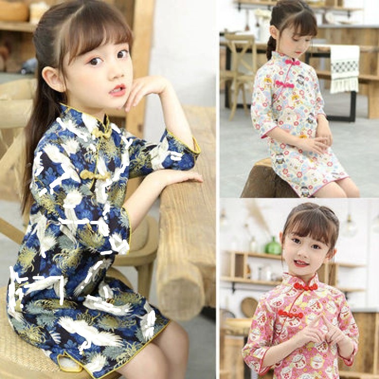 5961 Girls' Spring and Autumn New Children's Fitted Cheongsam Dress Princess Dress Chinese Style Retro Dress