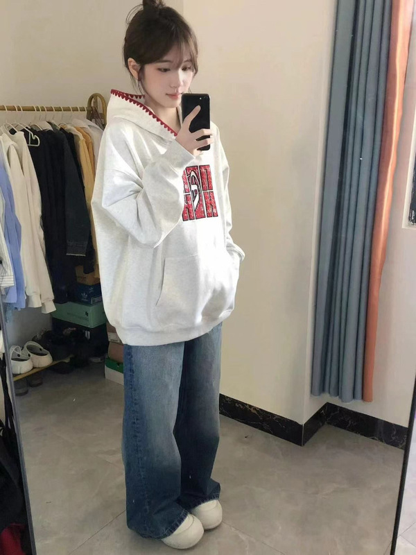 花灰色连帽套头字母卫衣女春秋宽松oversize学院风休闲百搭外套潮|undefined