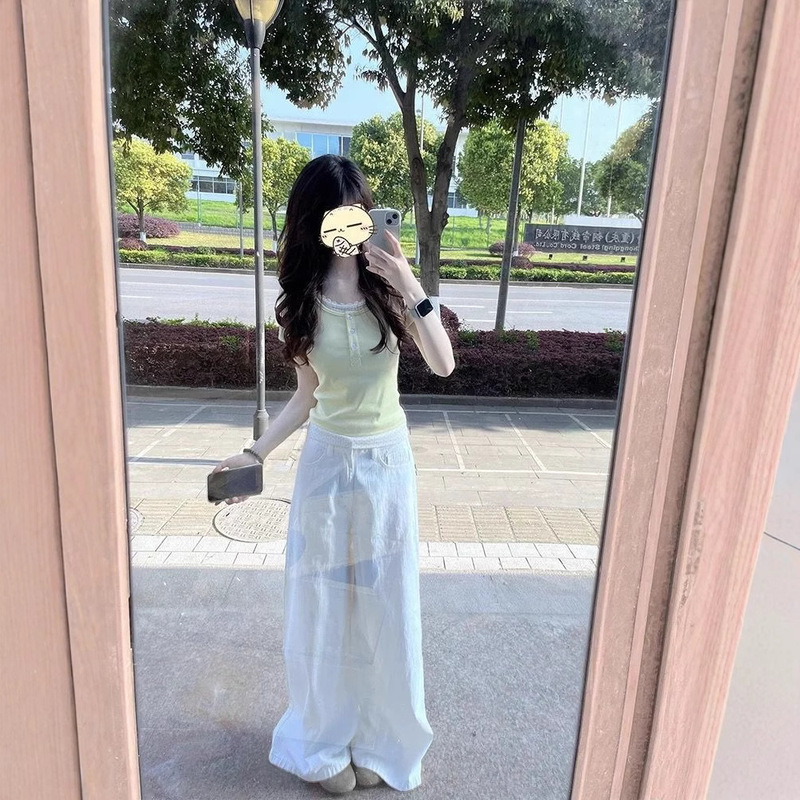 Cream Yellow Polka Dot Fake Two-Piece Right Shoulder Short-Sleeved T-Shirt for Women Summer Slim Lace Sweet Sexy Short Top