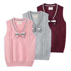 2021 Spring and Autumn New Style Bow Tie Children's Sweater Vest Medium and Large Children's Wool Tops Cotton School Uniforms Girls' Knitted Vests