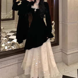 2025秋冬香奢茶花 赫本风网纱亮片气质蕾丝黑丝绒连衣裙生日礼服