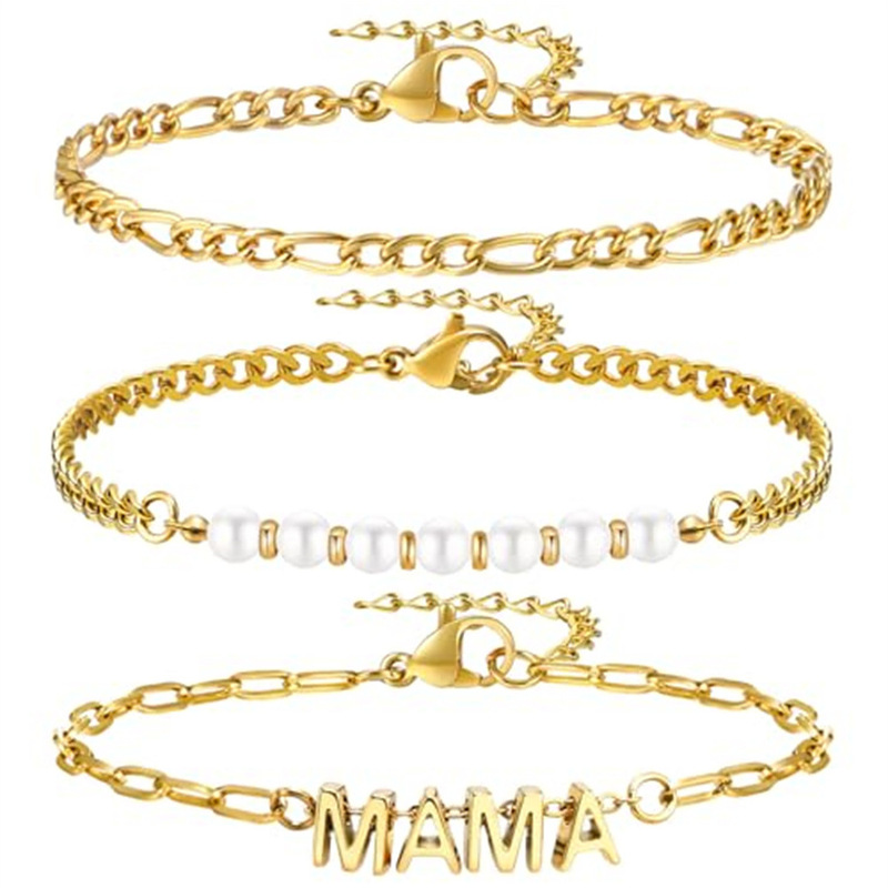 Cross-border High Quality 14K Gold Plated Cuban Chain Light Luxury Stainless Steel Pearl Bracelet Mother's Day Send Mom and Grandma