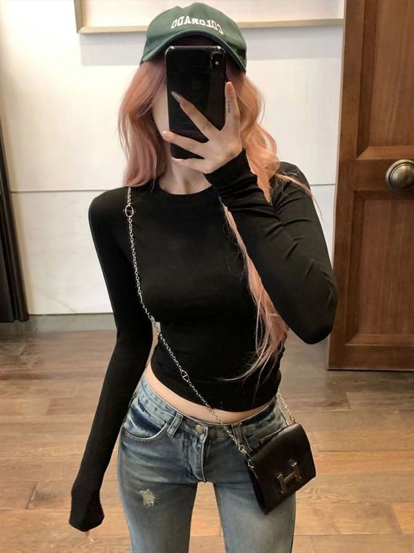 藏青色长袖t恤女2025秋季圆领显瘦修身设计感高级小众紧身短上衣|undefined