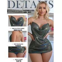 欧美情趣内衣纯欲大露背钻链交叉吊带闪闪包臀诱惑连衣裙制服