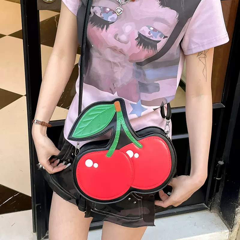 新款樱桃单肩包女简约外出小清新时尚甜美pu可爱个性百搭斜挎包