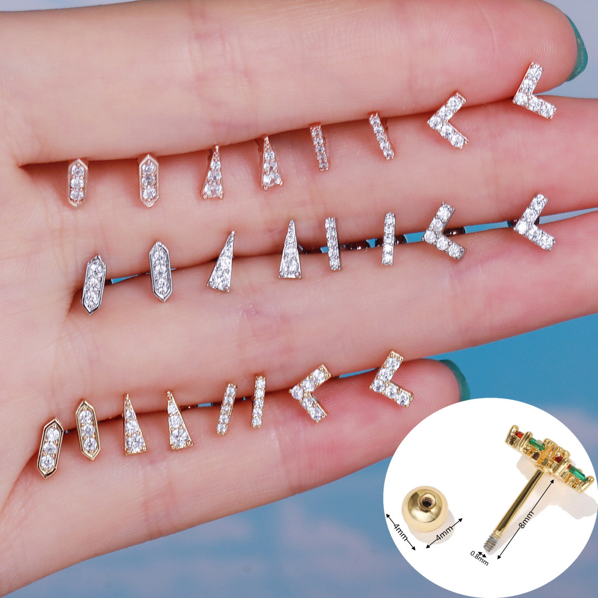 2g Weight Zircon Inlay Material Cartilage earrings Classification Holiday Occasion Brass Material Triangle, Geometric Pattern Women'S Gender Simple Style Style White, Gold Color Simple Style Triangle Geometric Brass Zircon Cartilage Earrings 无