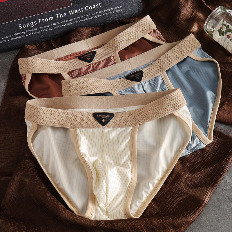 2025 New Ice Silk Men's High-Cut Briefs Striped Briefs Men's Underwear Dropshipping Cross-Border
