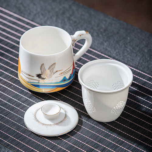 Sheer Jade White Porcelain Tea Separation Three-Piece Office Cup Mugs Personal Cup Large Gift Box Set Gift with Logo