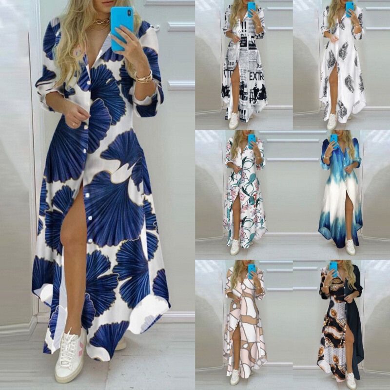 Amazon 2023 cross-border Women's digital printing irregular hem long shirt dress