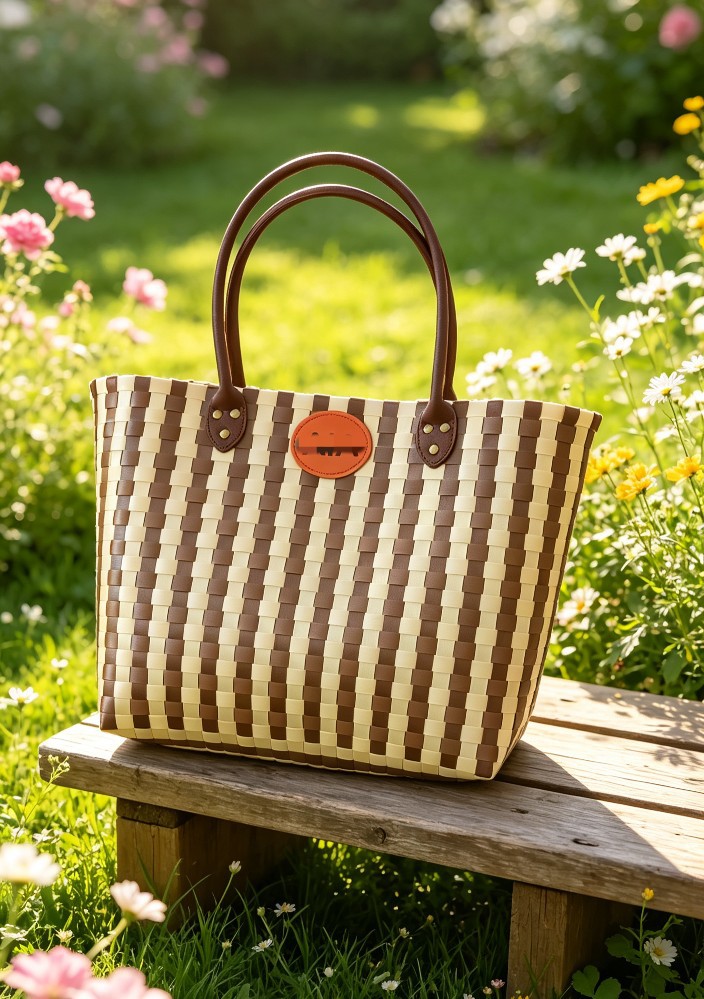 New Fashionable Vacation Handmade Woven Tote Bag, Beach Bag, Large Capacity Shopping Shoulder Bag, Color-Contrast Basket Bag