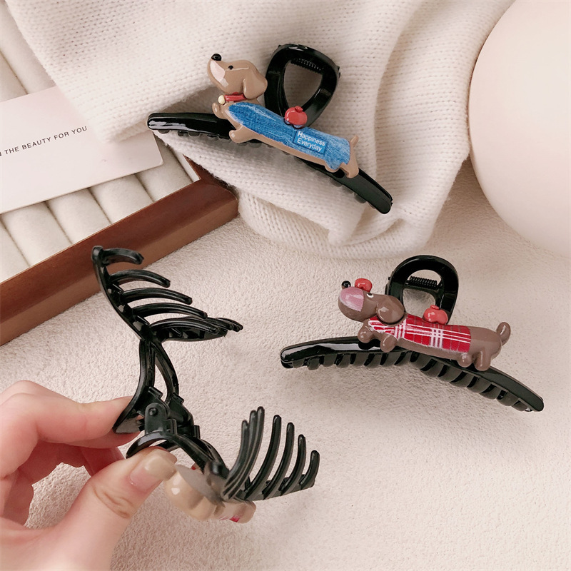 Nuevo clip de agarre de salchicha de cachorro de dibujos animados lindo y avanzado horquilla de sensación femenina en la parte posterior de la cabeza, horquilla de tiburón, tocado de agarre para el cabello
