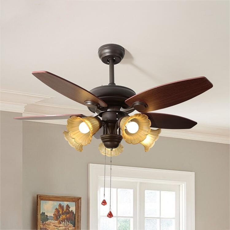 Lámpara de ventilador de comedor americano, lámpara de ventilador de techo doméstico, sala de estar, dormitorio, comedor, vidrio retro 2025, nueva lámpara