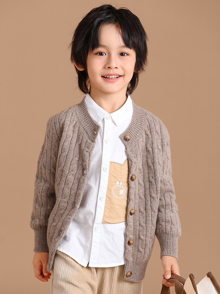 男女子供100% 純ウールクラシックレトロ麻花ニットカーディガン厚手丸襟純色洋気セーター潮