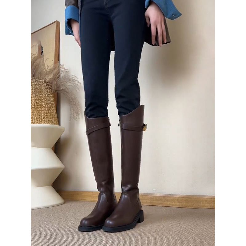 牛皮版~真皮厚底金锁扣圆头高筒靴女英伦复古骑士靴长筒靴瘦瘦靴|undefined