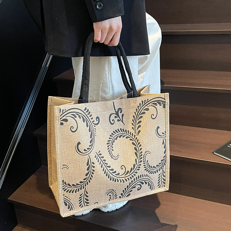 765g Weight Magnetic Buckle Closure Type Double Handle Strap Type Handbag Bags Type Casual, Holiday Occasion Hemp Material Geometric Pattern All Seasons Season Women's Gender Elegant, Vintage Style Style Square Shape Women's Hemp Geometric Elegant Vintage Style Square Magnetic Buckle Handbag 3