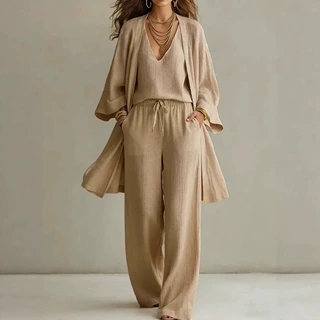 亚马逊独立站2026春款女装新款欧美跨境宽松吊带阔腿裤开衫三件套