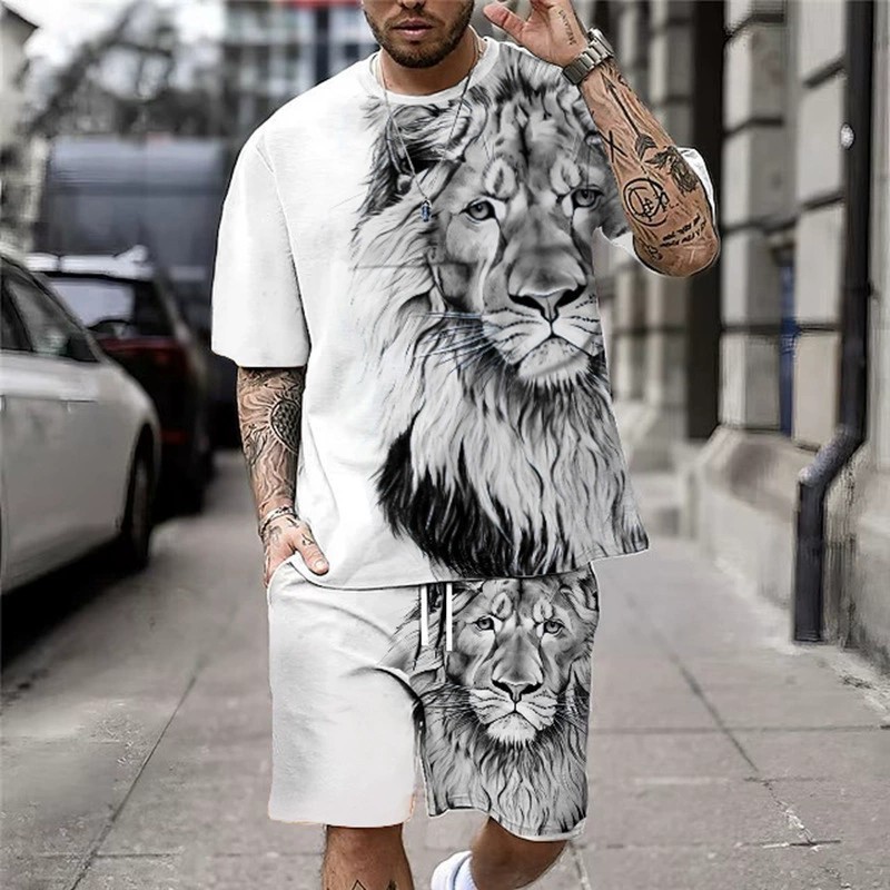 2026 Summer Fashion T-shirt 3D Lion Print Series Men's Street Round Neck Short Sleeve Set_viptrois.com