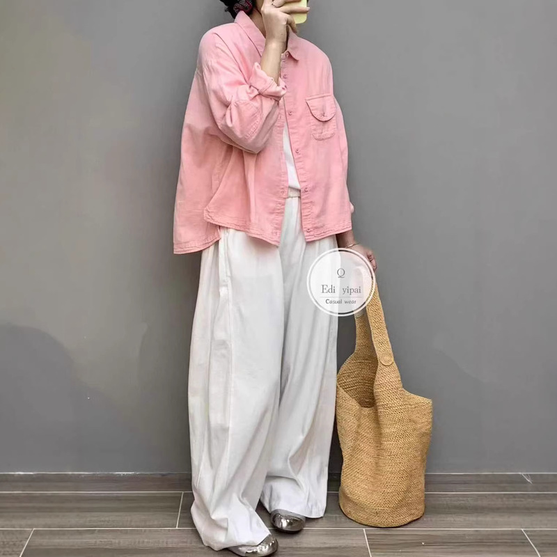 Ed33062 Sand-Washed Double Yarn Cotton Artistic Style Loose Slimming Shirt 2026 New Casual Cardigan Shirt for Women Ed33062 Sand-Washed Double Yarn Cotton Artistic Style Loose Slimming Shirt 2026 New Casual Cardigan Shirt for Women