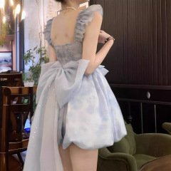 夏の小柄な背中の蝶結びの誕生日の王女の蓬蓬のスカートのフランスの青いストラップのワンピースのアンドロメダの超仙