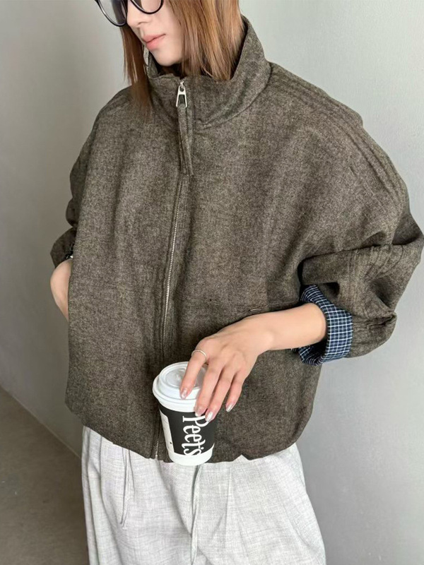 时尚格子拼接立领羊毛呢外套女欧货2025秋季新款宽松休闲百搭外衣|undefined