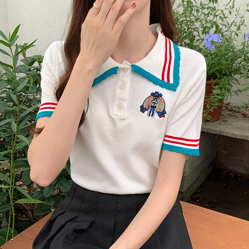 2022夏季新款韩版学院风学生减龄卡通刺绣短袖Polo翻针织衫T恤女