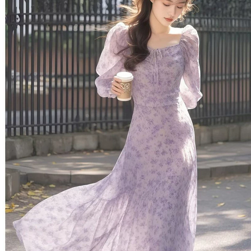 Платье в стиле французской фиолетовой цветочной ниши для перерыва на чай, ранняя весна 2025, новый праздничный стиль, супер сказочная юбка с завышенной талией