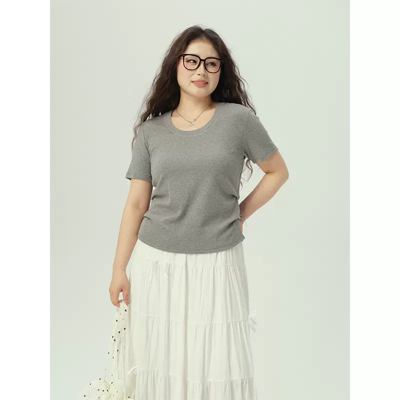 大码女装夏日辣妹短款T恤圆领罗纹U领短袖女小众设计修身显瘦上衣