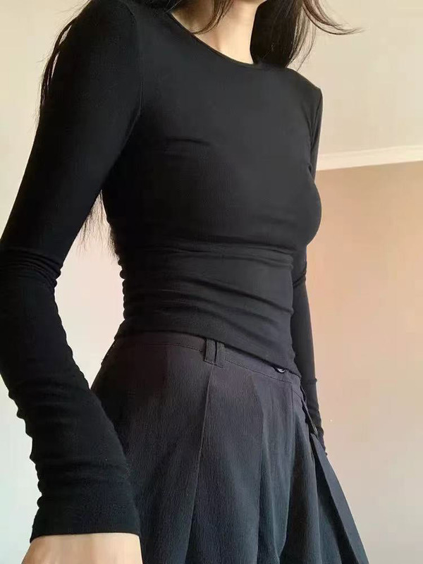 美式纯色圆领正肩修身长袖t恤女春秋冬新款紧身显瘦内搭打底上衣|undefined