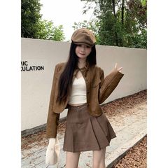 美拉德咖色复古皮衣春秋小个子美式夹克上衣外套百褶短裙两件套女