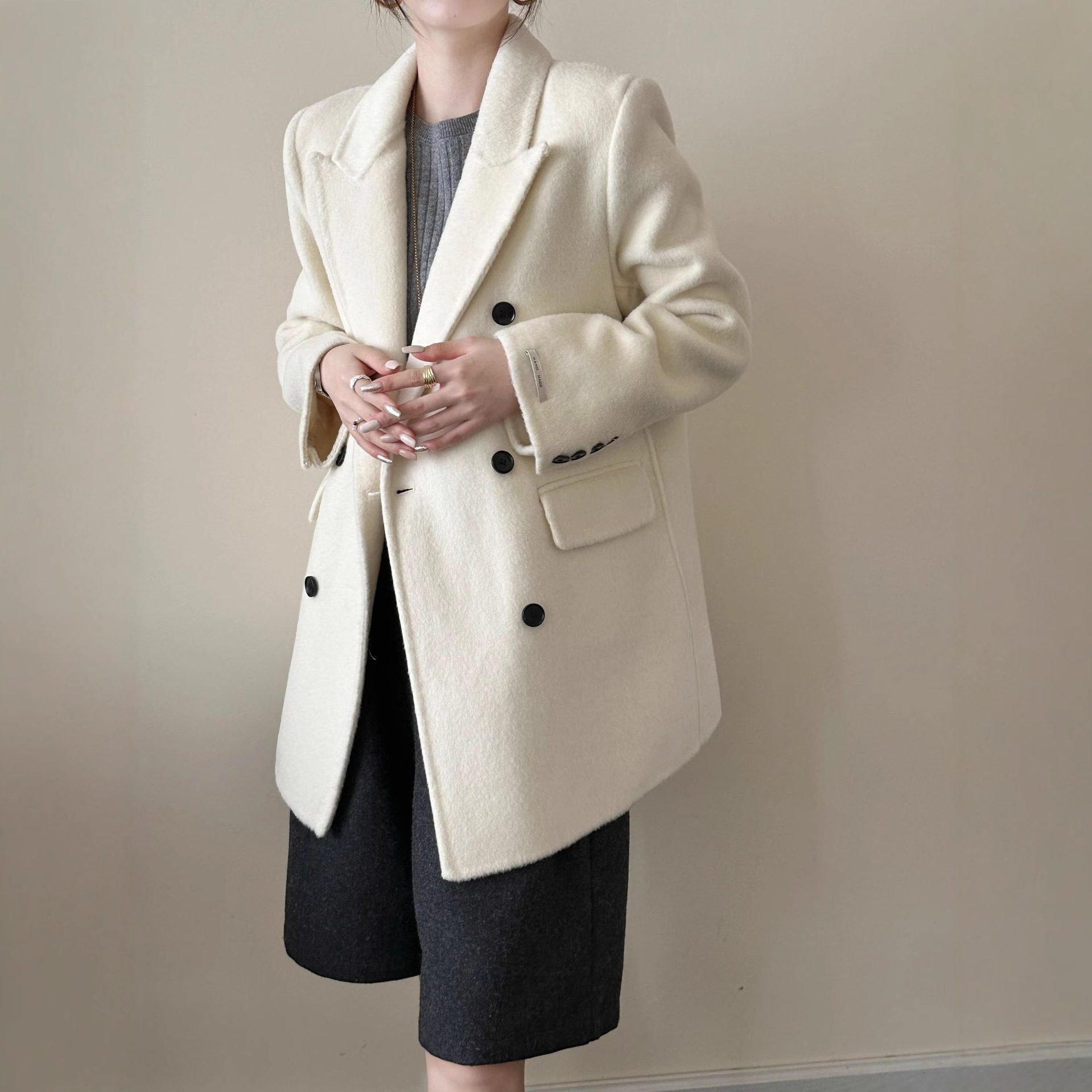 西装领双排扣长袖中长款立体裁剪双面羊毛大衣毛呢外套女修身显瘦