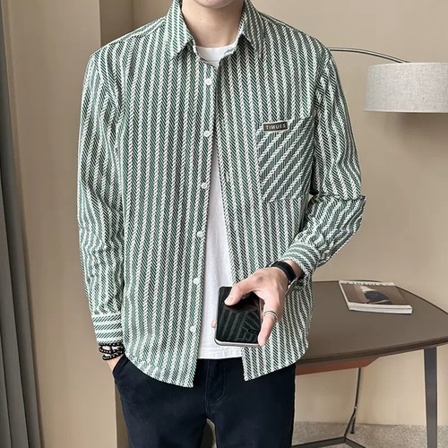 Men's Spring and Autumn Long Sleeve Shirt, Trendy Brand Stylish Casual Versatile Fashion Striped Collar Shirt, Men's Outerwear