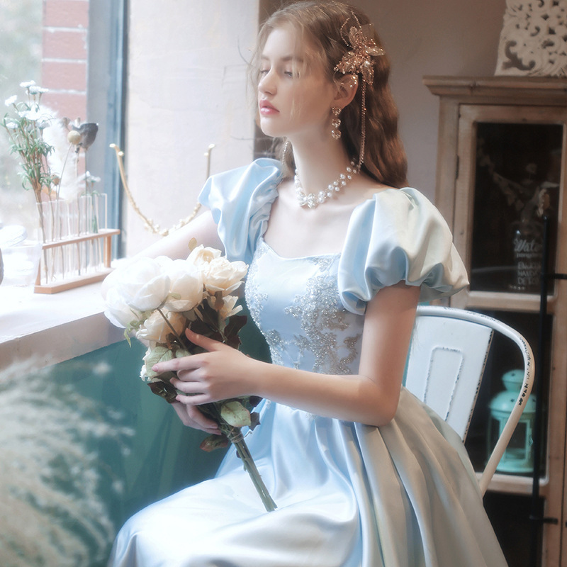 Blue Evening Dress Celebrity Style 2026 Summer Satin Birthday Bride Engagement Party Long Dress Art Exam Runway Dress