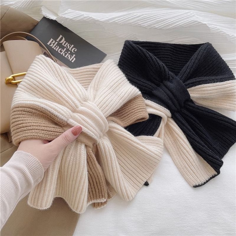 New Scarf for Women in Autumn and Winter to Keep Out the Cold and Warm, Color-Blocked Knitted Cross Wool, Versatile, Fashionable and Cute Girl Scarf