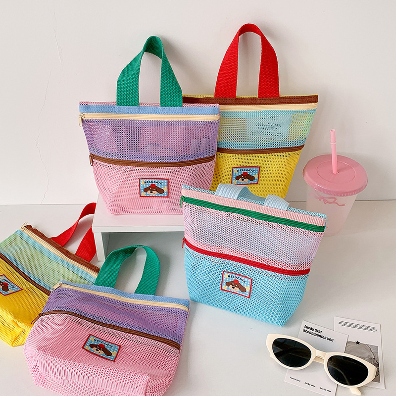 Hisocute Contrasting Color Mesh Handbag Travel Portable Storage Bag Beach Bag Skincare Storage Bag Double Zipper Bag