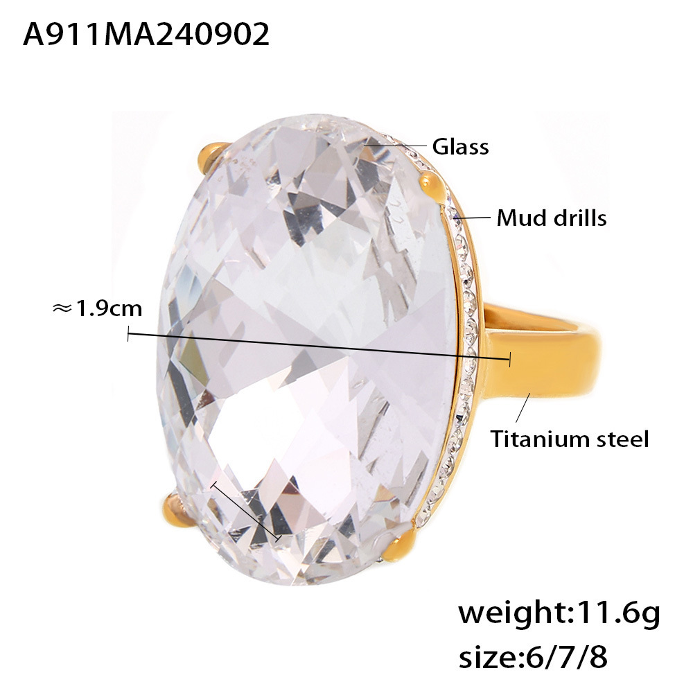 European And American Oval Diamond Large Glass Ring Titanium Steel Plated With Real Gold Ring Retro Light Luxury Hand Jewelry_voghion.com