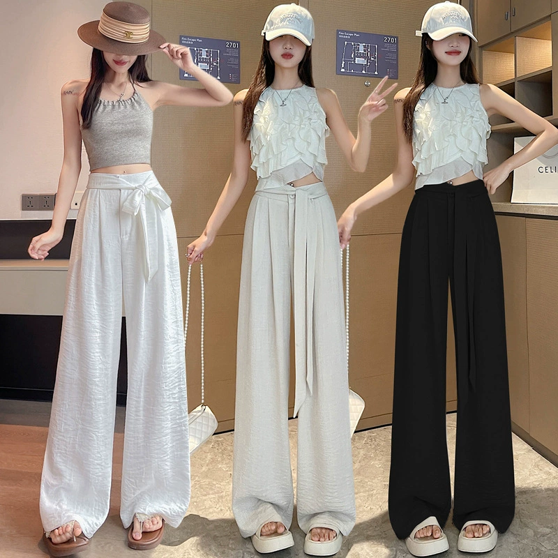 Настоящая фотография женского костюма из ледяного шелка, хлопка и льна с широкими брюками, летние тонкие повседневные прямые брюки Yamamoto с высокой талией длиной до пола.