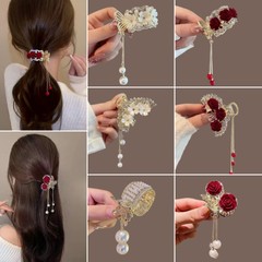 Red rose pearl tassel small claw clip for the back of the head, half-top clip, high ponytail clip, white lotus clip