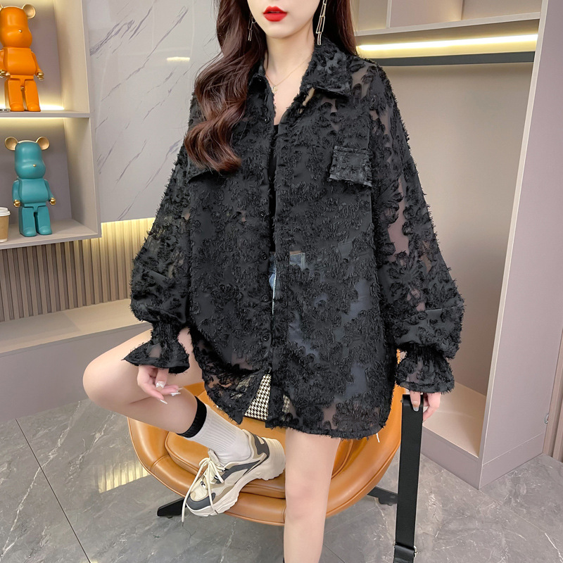 Plus tamaño gordito chica suelta casual todo-partido mediados de-longitud de verano diseño camisa delgada capa de protección solar hueca