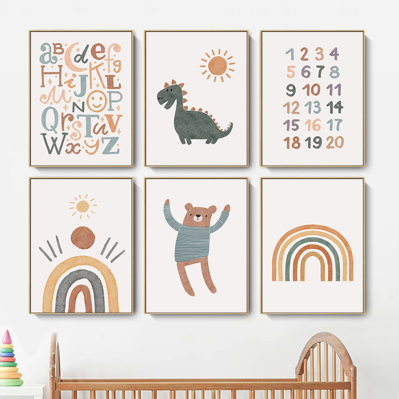 Pintura decorativa nórdica dibujos animados interesantes alfabeto numérico puerta arcoíris dinosaurio dormitorio infantil cuelga pintura marco interior pintura