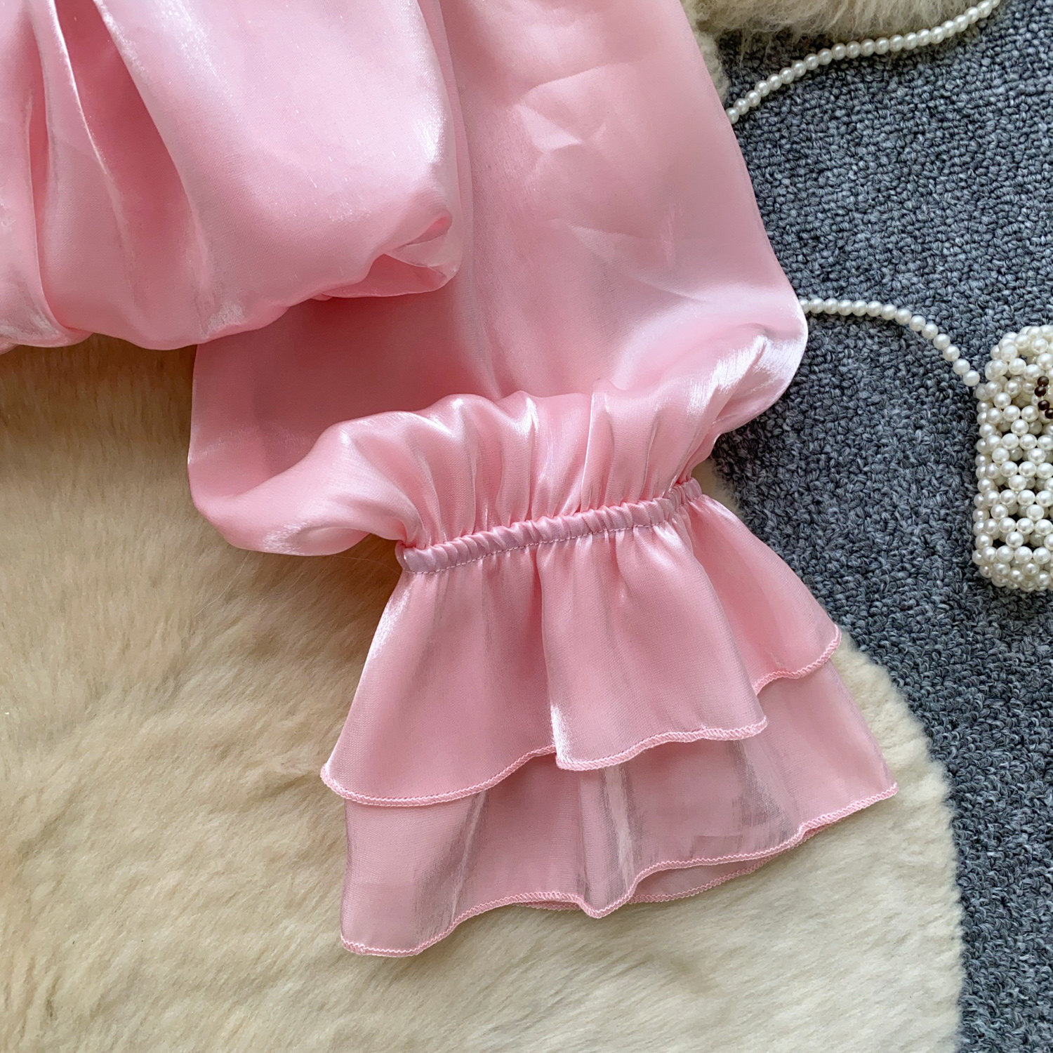 Sweet Off-Shoulder Chiffon Blouse Ruffled Trim Korean Style Long Sleeves Loose Fit Slimming Pink Elegant Top for Summer Women's Clothing_ecoleips.com